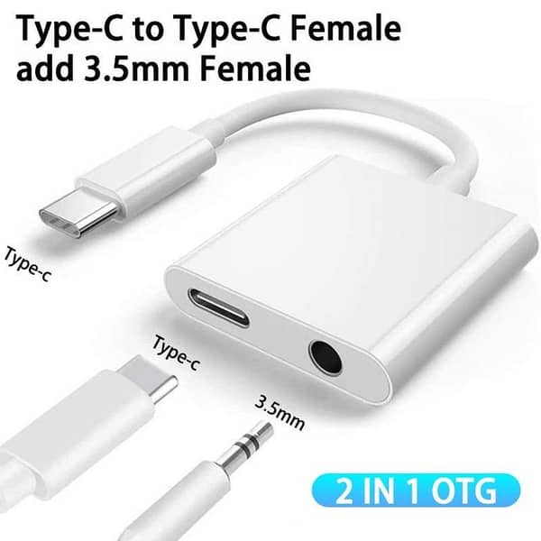 USB Type C to 3.5mm Audio Adapter With Charging Port 2 in 1 Dual Port Aux Headphone Jack Connector For Type-C Models | Earphone Converter Aux Audio Sound Cable With Type-C Charging Jack Headset Splitter Music Converter - High Quality