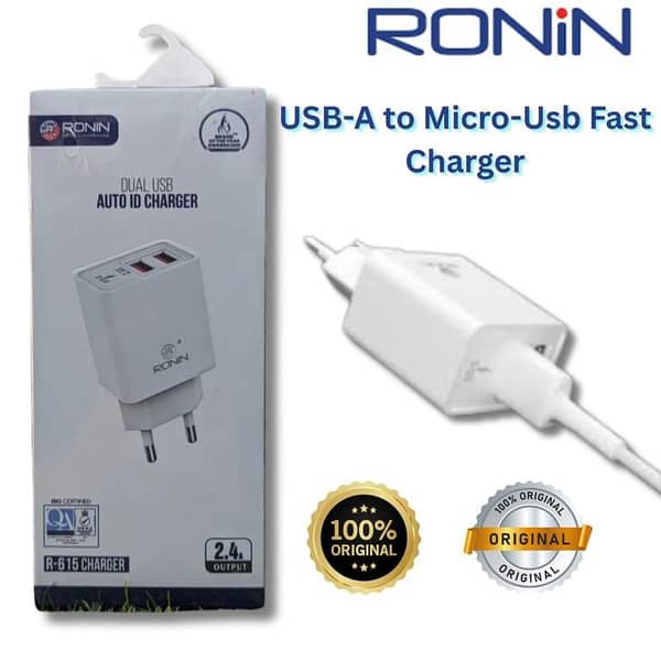 Ronin R615 Android Charger | Dual USB Auto-ID Fast Charger with Micro USB Cable | Ronin Charger R-615 for Android | Micro USB Fast Charging 2.4A Output