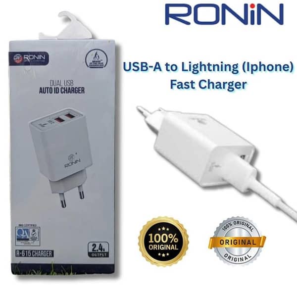 Ronin R615 iPhone Charger | Original Ronin Lightning Charger & Adapter | Fast Charging iPhone Cable Included | Ronin Charger for iPhone 6, 7, 8, X, 11, 12, 13, 14 Pro Max | Durable Lightning Cable | 1 Year Official Warranty