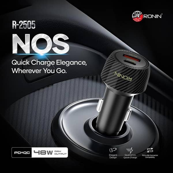 Ronin Car Charger 48 Watt - Ronin R2505 Car Charger - Fast Car Cahrger 48 W - Ronin NOS Car Charger 30 W pd Port & 18 W QC Port - Car Charger - Fast Car Charger - Ronin Car Charger -v