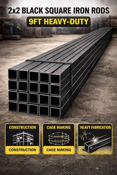 2×2 Black Square Iron Rod 9ft Heavy-Duty | Cage Making & Construction
