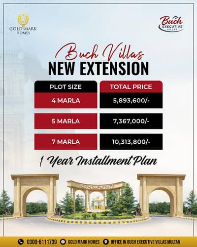 New Extension 4, 5 & 7 Marla Residential Plots on Instalments in Buch Villas Multan