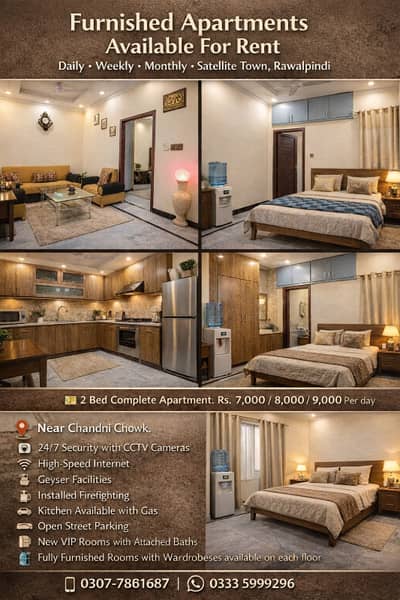 Furnished 2-Bedroom Apartments for Rent Daily, Weekly & Monthly Satellite Town, Rawalpindi