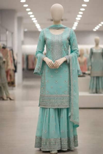 Elegant Mint Green Garara Suit – Embroidered Formal Wear (Adult)