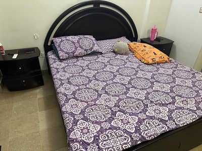 double bed with foam (almost new) side table and cupboard