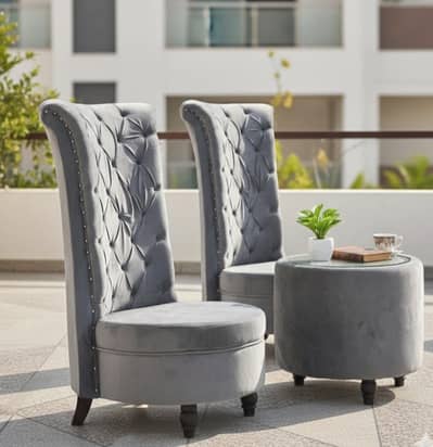 Luxury High-Back Velvet Bedroom Chairs with Center Table (Set of 3)