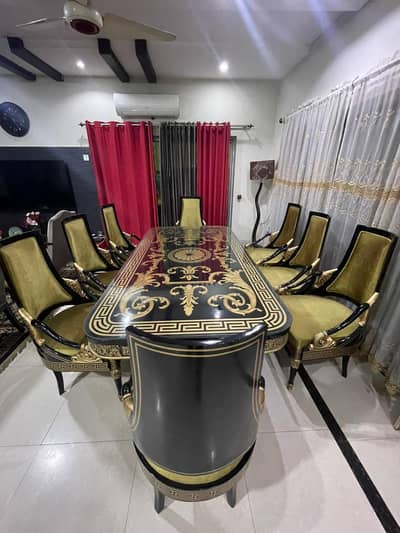 Versace Style 8 Chair Dining Table with welvet poshish and 12 mm glass