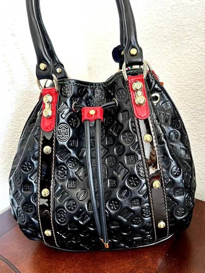 Original Orlandi Italian Leather Designer Black Bag With Red Accents