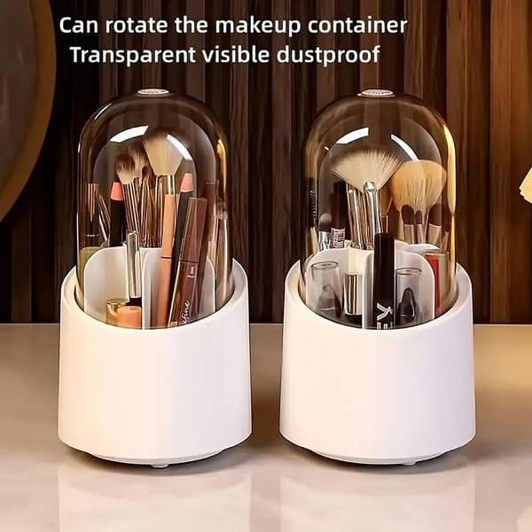 360° Rotating Makeup Brush Holder with Dustproof Lid – Cosmetic Brush Case for Countertop