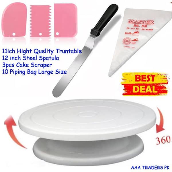 High Quality 11 inch  Rotating Cake Turntable, 3Pcs Cake Creem icing Scraper Set, 1 Pcs Stainless Steel Cake Utensils Spatula , CAKE DECORATING SUPPLIES Turn Table