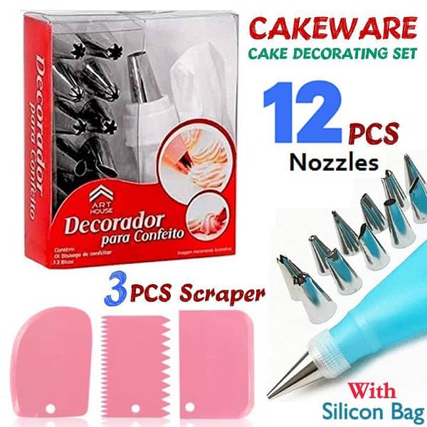 12Pcs Cake Decorating Nozzles Set With silicon Bag & & 3PCs Cake Scraper set Frosting Icing Piping Bag Tips With Steel Nozzles Cakeware