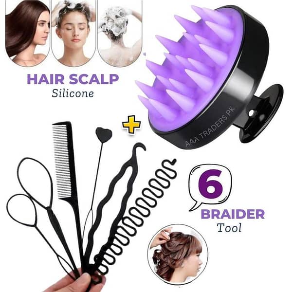 Silicone Shampoo Brush & 6-Piece Braids Tools Set for Hair Care