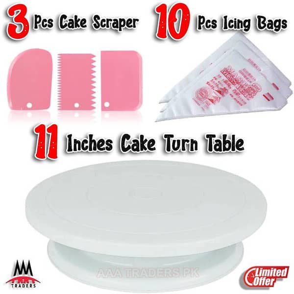 11 Inches Rotating Cake TurnTable with 3 Pieces Cake Cream Scraper Set and 10 Pieces Disposable Piping Bags, Icing Bags, Decorating Turn Table, Revolving Cake Turn Table for Baking, Kitchen, Household and Multipurpose Usage