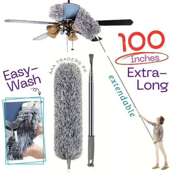 Microfiber Duster with Extendable Pole for High-Reach Cleaning (Cobweb/Fan Duster, Bendable Head, Non-Scratch, Washable)