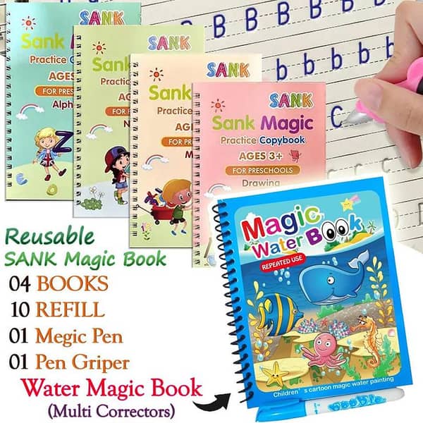 SANK Montessori Reusable Magic Book Set: 4 Magic Books + 1 Magic Pen, 10 Refills, 1 Grip + Magic Water Book Painting & Drawing