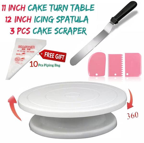 Best Deal 11 inch  Rotating Cake Turntable, 3Pcs Cake Creem icing Scraper Set, 1 Pcs Stainless Steel Cake Utensils Spatula CAKE DECORATING SUPPLIES Turn Table