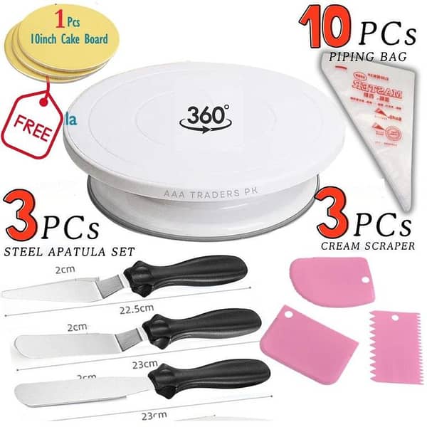 11inch Cake Rotating Turntable & 3PCs Steel Spatula Set & 10Pcs Disposable Piping Bags & 3Pcs Cake Creem icing Scraper Set & Free 1PCs Cake Bord