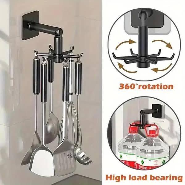 Easy-Install 360° Rotating Kitchen Hook – Self-Adhesive, No-Drill Wall Mount for Utensils, Pots & Spoons – Expandable Storage Rack