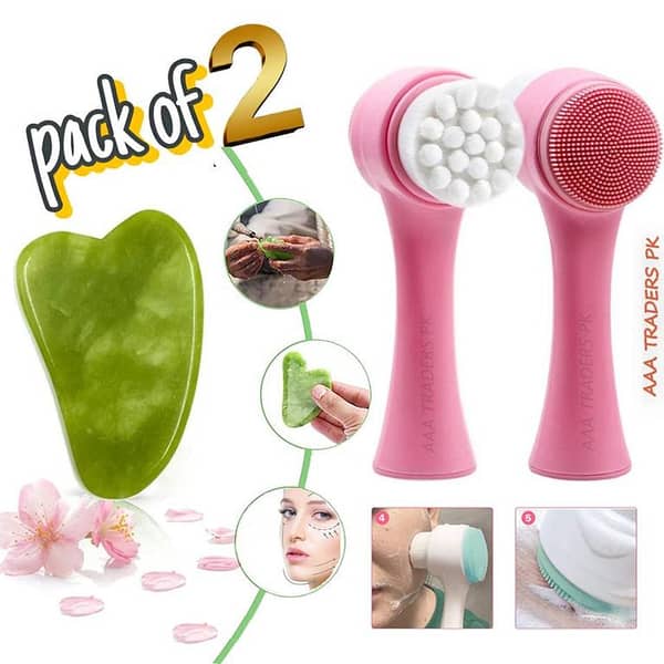 Pack of 2 Natural Jade Gua Sha Stones and 2-in-1 Silicone Facial Cleansing Brush