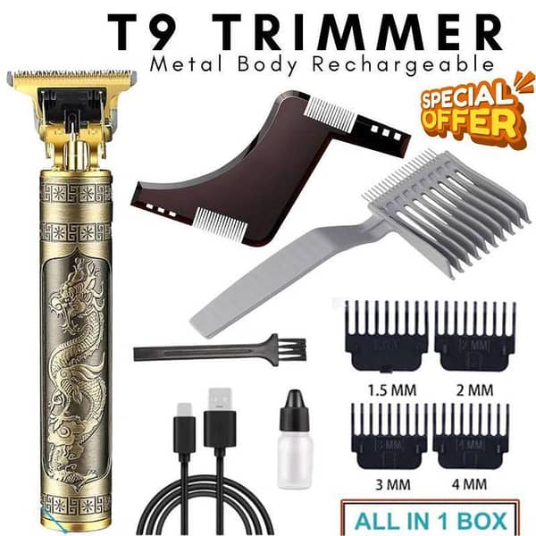Professional Vintage Dragon-Style T9 Hair Trimmer for Men, USB-Rechargeable Clipper with 0mm Zero Gap Blade