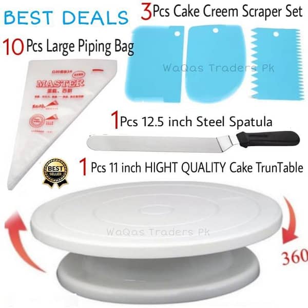 11 inch High quality Rotating Cake Turntable, 3Pcs Cake Creem icing Scraper Set, 1 Pcs Stainless Steel Cake Utensils Spatula , 10Pcs Disposable Piping Bags CAKE DECORATING SUPPLIES Turn Table
