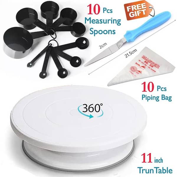 11 inch High quality Rotating Cake Turntable, 10pcs Kitchen Measuring Spoons, 10Pcs Disposable Piping Bags