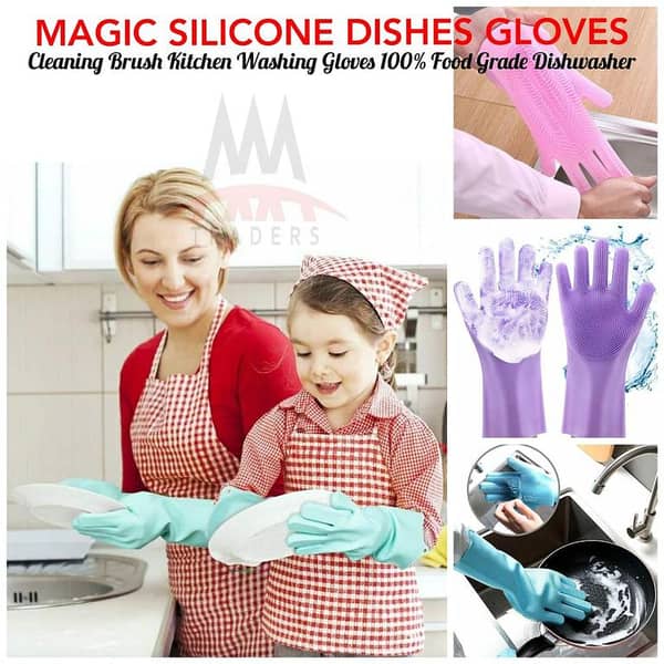 2 PC Magic Dish washing Gloves with scrubber, Silicone Cleaning Reusable (1 Pair: Right + Left Hand)
