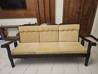 Solid Wood 5-Seater Sofa with Cushions – Good Condition