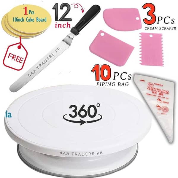 11 inch High quality Rotating Cake Turntable, 1Pcs Stainless Steel Cake Utensils Spatula & 3Pcs Cake Creem Scraper Spatula Set & 10Pcs Disposable Piping Bags Decorating Turn Table