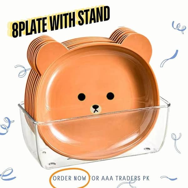 Food Grade 8Pcs Plate with Stand  Cartoon Bear Shape Reusable Plastic Plate Multi-function Creative Spit Bone Dish Household Dish Elliptical Plate Set Dining Table Garbage Platel