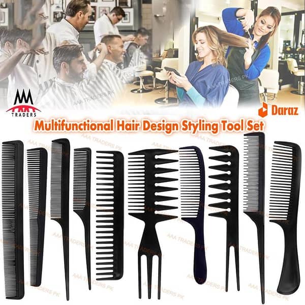 10Pcs Set: Professional Hairdressing Combs for Men and Women – Heat-Resistant, Anti-Static, Fine and Wide-Tooth Tail/Flat/Curly Style Tools (Black)