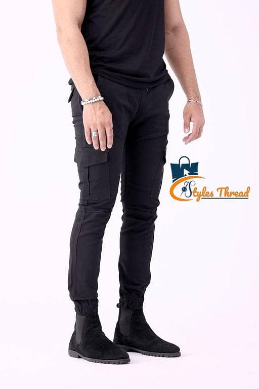 STYLES THREAD Premium 6 Pocket Cargo Trousers for Men in Black