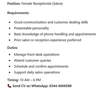Female Receptionist (Salon)