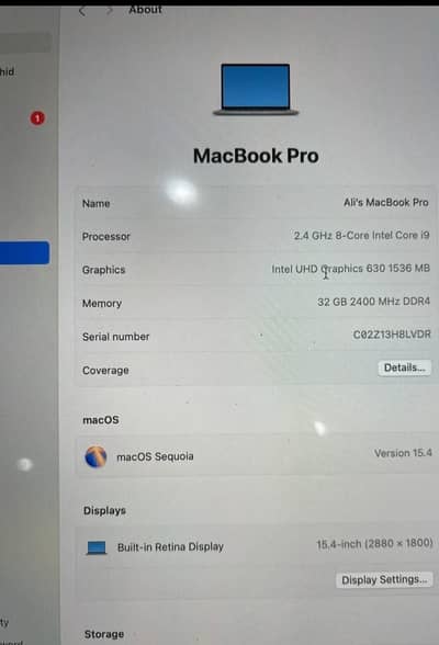 Macbook Pro 2019 15 Inch (ci9-32/512)  4 GB Graphic Card