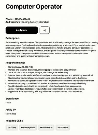 NEED COMPUTER OPRATOR ASSISTANT