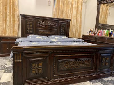 king size solid Bed, side tables,Mattress and Dressing Table