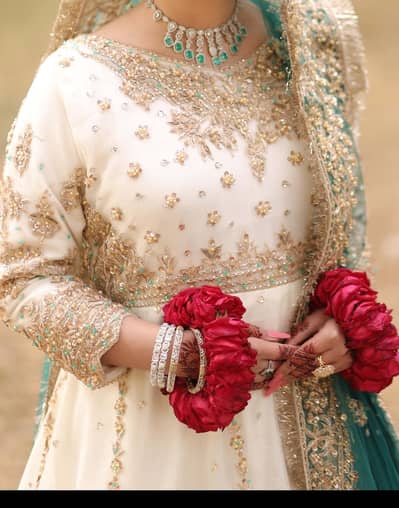 Bridal Nikkah Dress – Custom Designed & Unique (White, Golden & Teal)