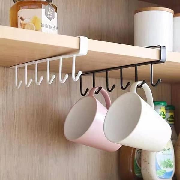 2pcs Under Cabinet Hanging Hook Rack – 6-Hook Nail-Free Kitchen Organizer | Cupboard & Coffee Mug Holder (Black)