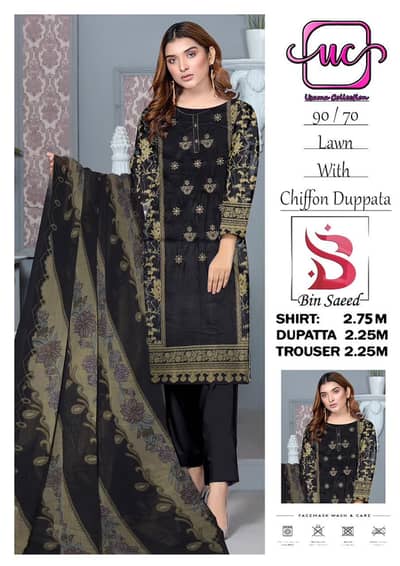 3 piece unstitched embroidered lawn with chiffon dupatta