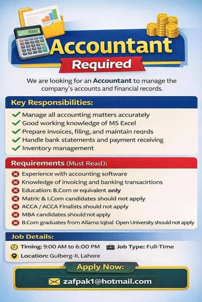 Accountant Required in Gulberg Lahore | Salary 50k–55k | Full Time