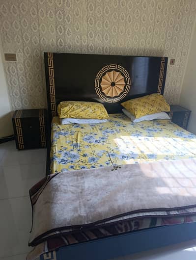 wooden bed set with side tables with long mirror