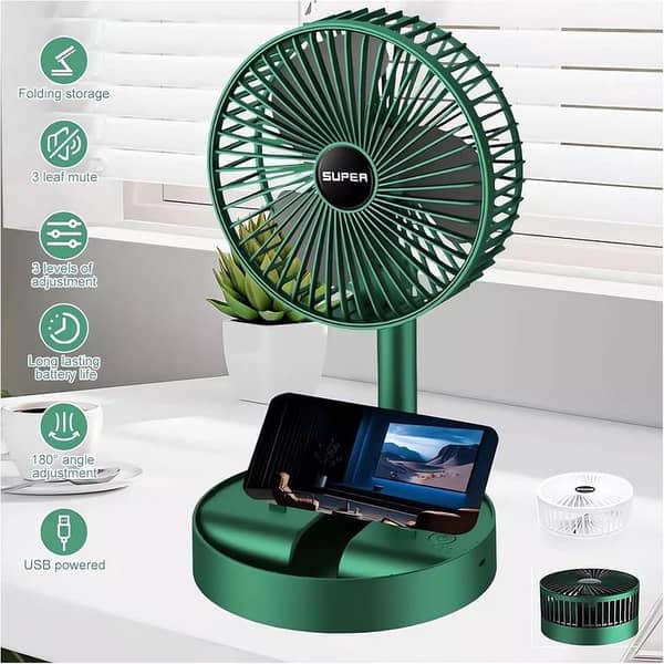 Telescopic Folding Fan - USB Rechargeable Portable Desk Fan, Quiet Oscillating Folding Table Fan for Travel, Dorm and Bedroom