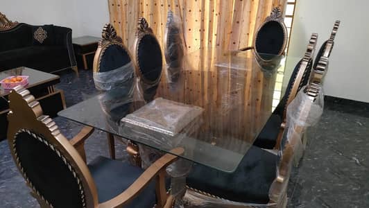 Chinioti Wood Glass dining table | Eight Chairs| Glass top