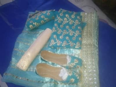 Brand New 4-Piece Unstitched Designer Suit with Khussa / Handbag
