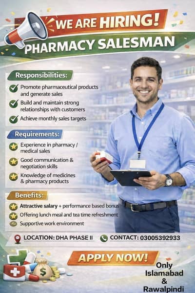 SALESMAN REQUIRED FOR A PHARMACY AND CLINIC SETUP