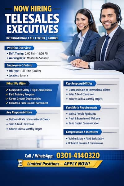 Hiring Telesales Executives  | International Campaign-Lahore.