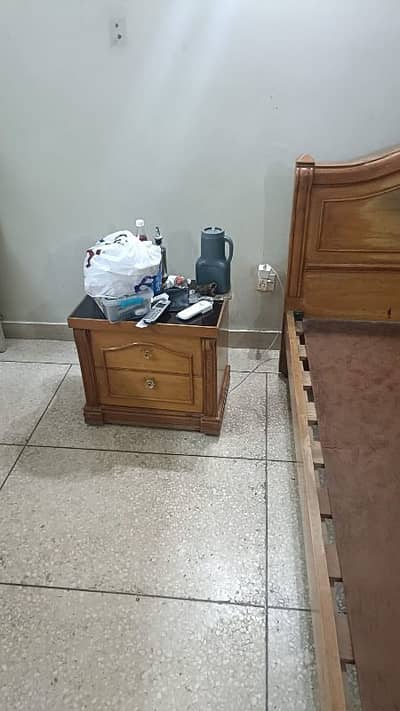 Used OAK WOOD bed without mattress with side table