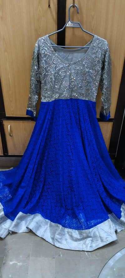3 piece net party wear dress maxi in blue and silver colour