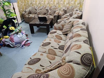 8- Seater Sofa Set with Center Table + Cushions - Good Condition.