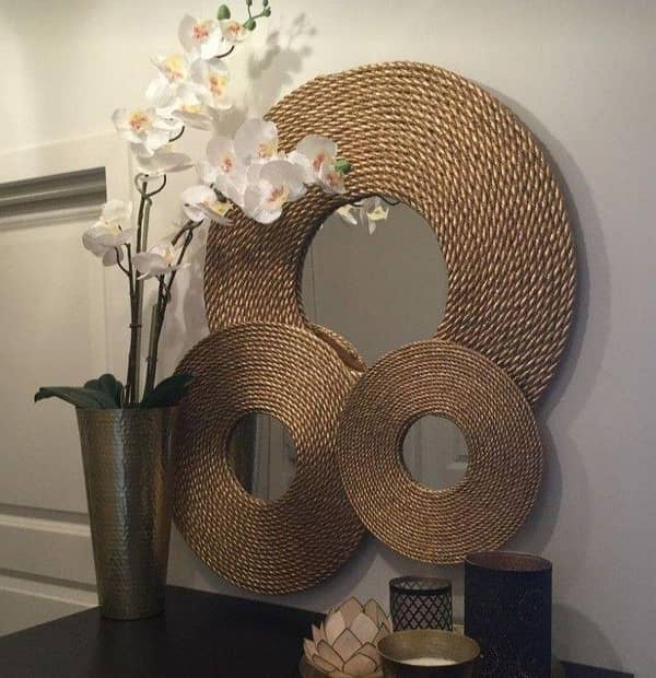 Round set of 3 Golden Jute Mirror for Home decor